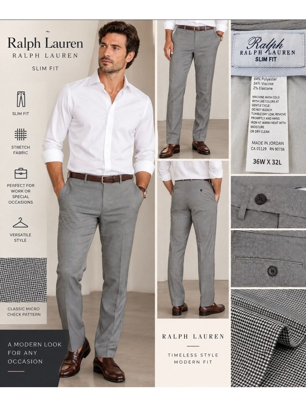 Ralph Lauren Men’s 36W Gray Micro Check Slim Fit Dress Pants Stretch Trousers